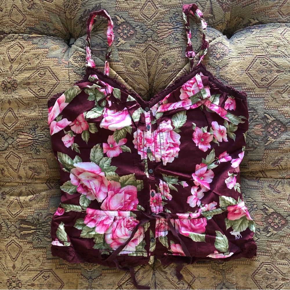 Maroon & Pink Rose Spaghetti Strap Tank Top Tie Waist Abercrombie & Fitch Size M
